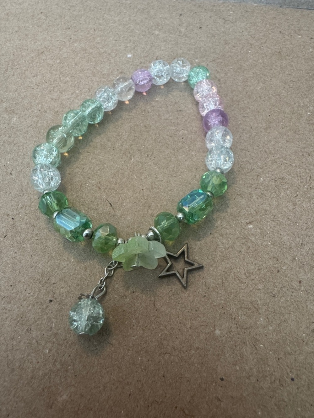 Handmade Green Multi-Color Beaded Stretch Bracelet with Star Charm